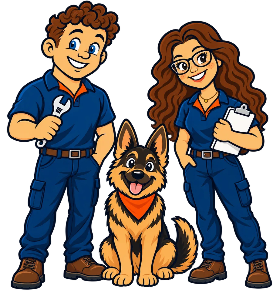 Ryan with a wrench, Keni with a clipboard, and their German Shepherd Bogey in an orange bandana